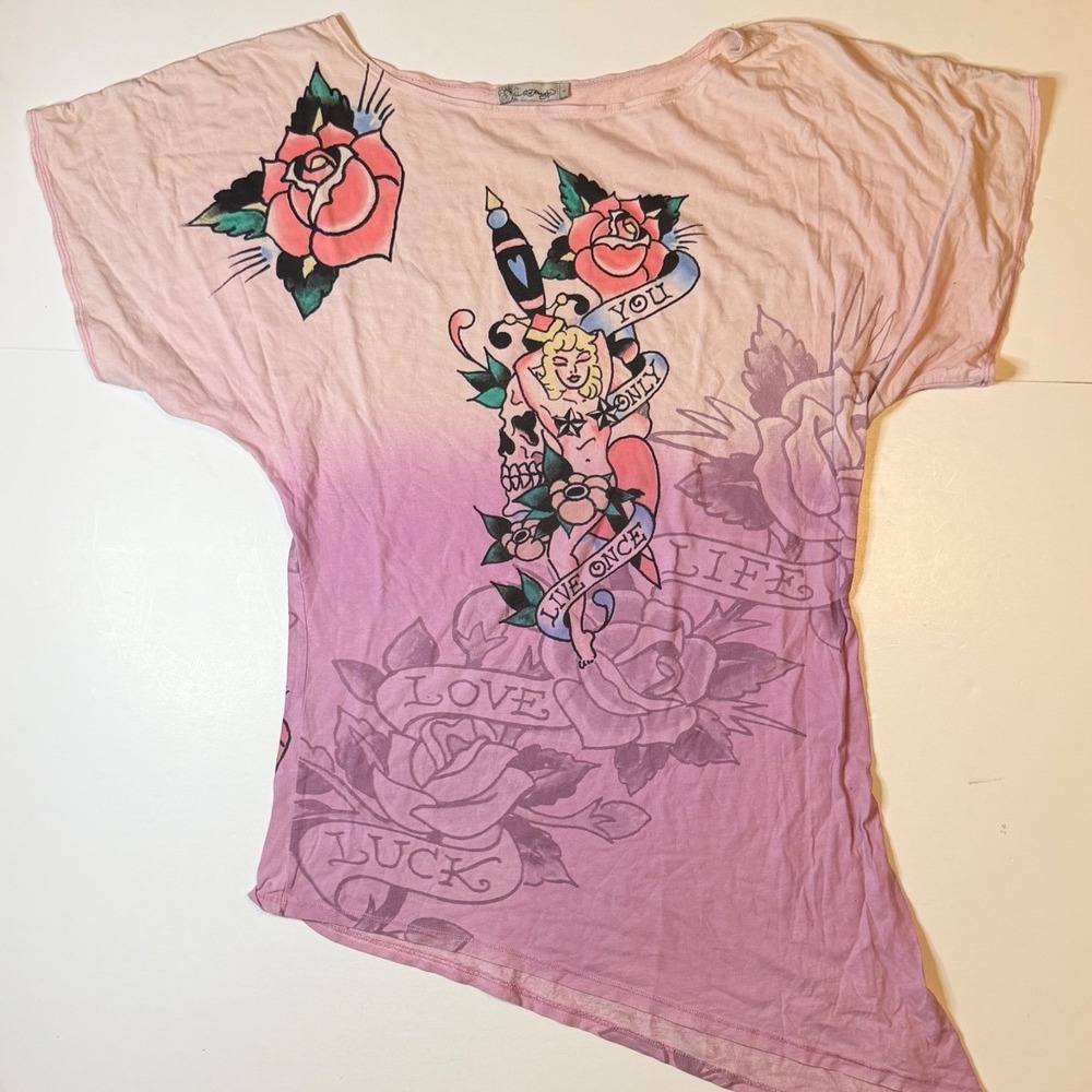 Vintage Ed Hardy Oversized T-Shirt Dress Size L Pink Ombre Tattoo Asymmetrical